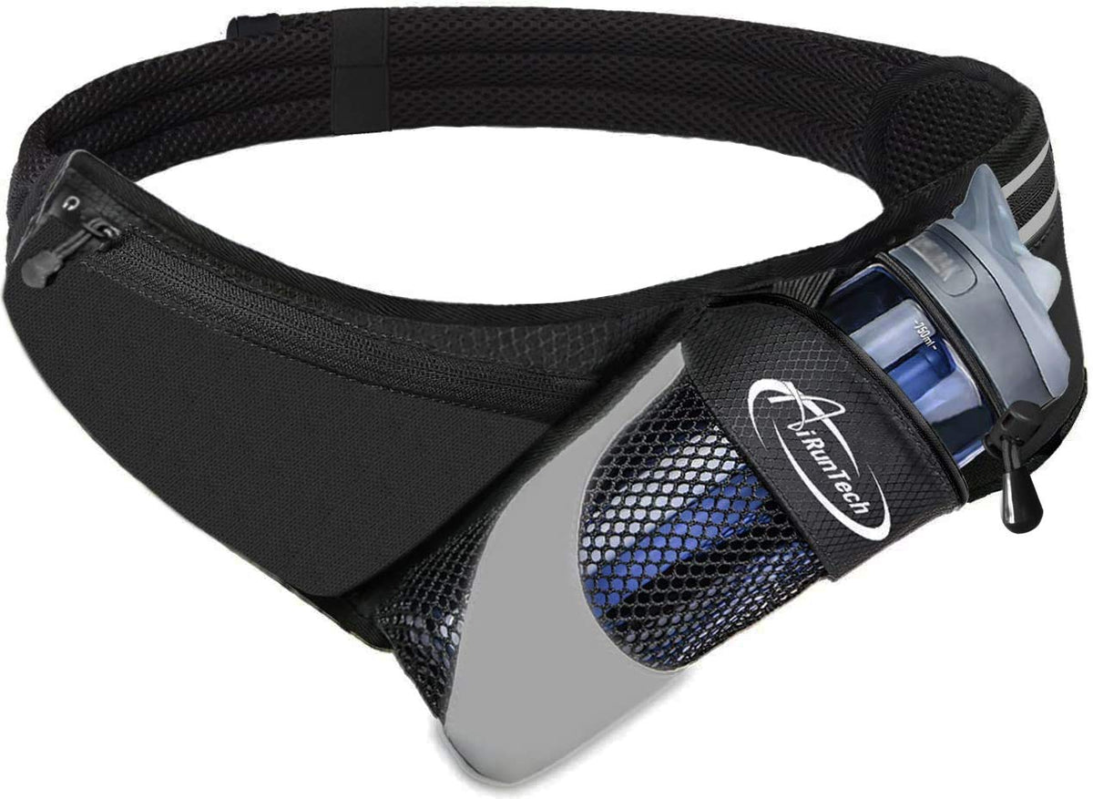 AiRunTech Upgraded No Bounce Hydration Belt Can be Cut to Size Design Strap for Any Hips for Men Women Running Belt with Water Bottle Holder Pocket Fits Smartphones Black Bottle diameter up to 3.2 in