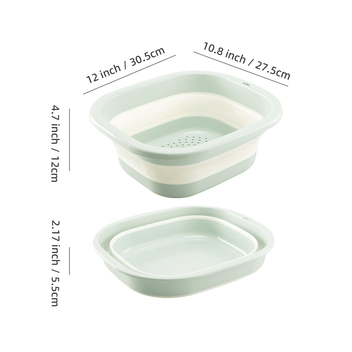 Cemome Collapsible Dish Basin with Colander, Foldable 2-in-1 Dish Pan and Strainer Set with Drain Holes, Portable Wash Basin for Kitchen Sink, Camping, Travel & RV (Green)