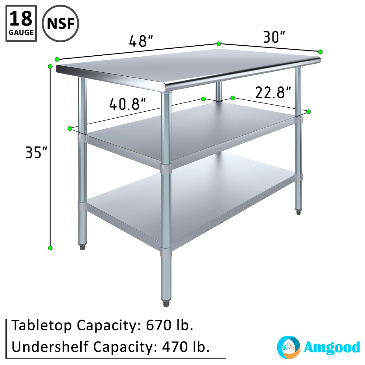 Stainless Steel Work Table with 2 Shelves | Metal Utility Table | Commercial & Residential NSF Utility (Stainless Steel Table with 2 Shelves, 48" Long x 30" Deep)