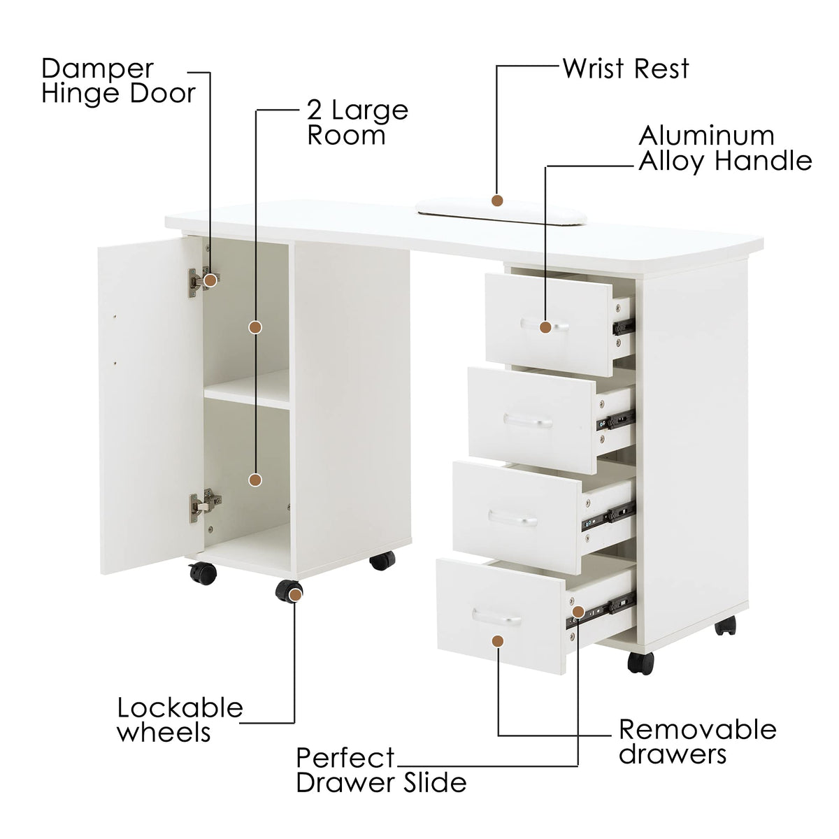 BarberPub Manicure Table - Acetone Resistant Nail Desk with 4 Drawers, 2 Cabinets, Lockable Wheels, Wrist Pad for Nail Tech, Beauty Salon - White