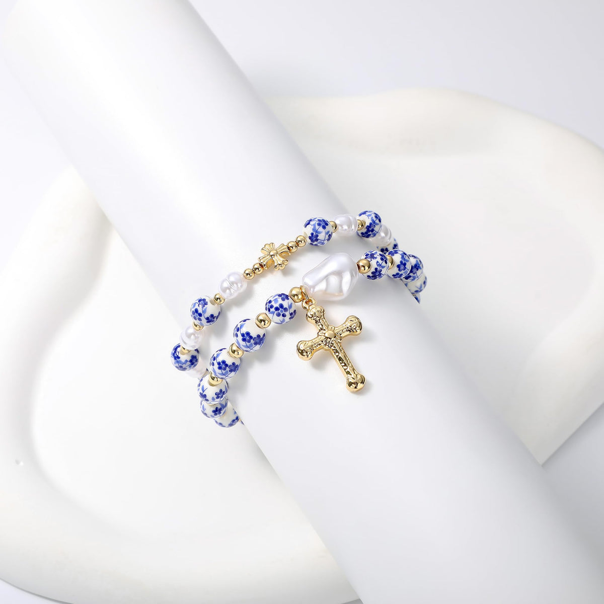 Dainty Cross Charm Beads Bracelet for Women Blue And White Vintage Ceramics Flower Bracelet Handmade Stretch Cute Beaded Romantic stackable Jewelry Gifts