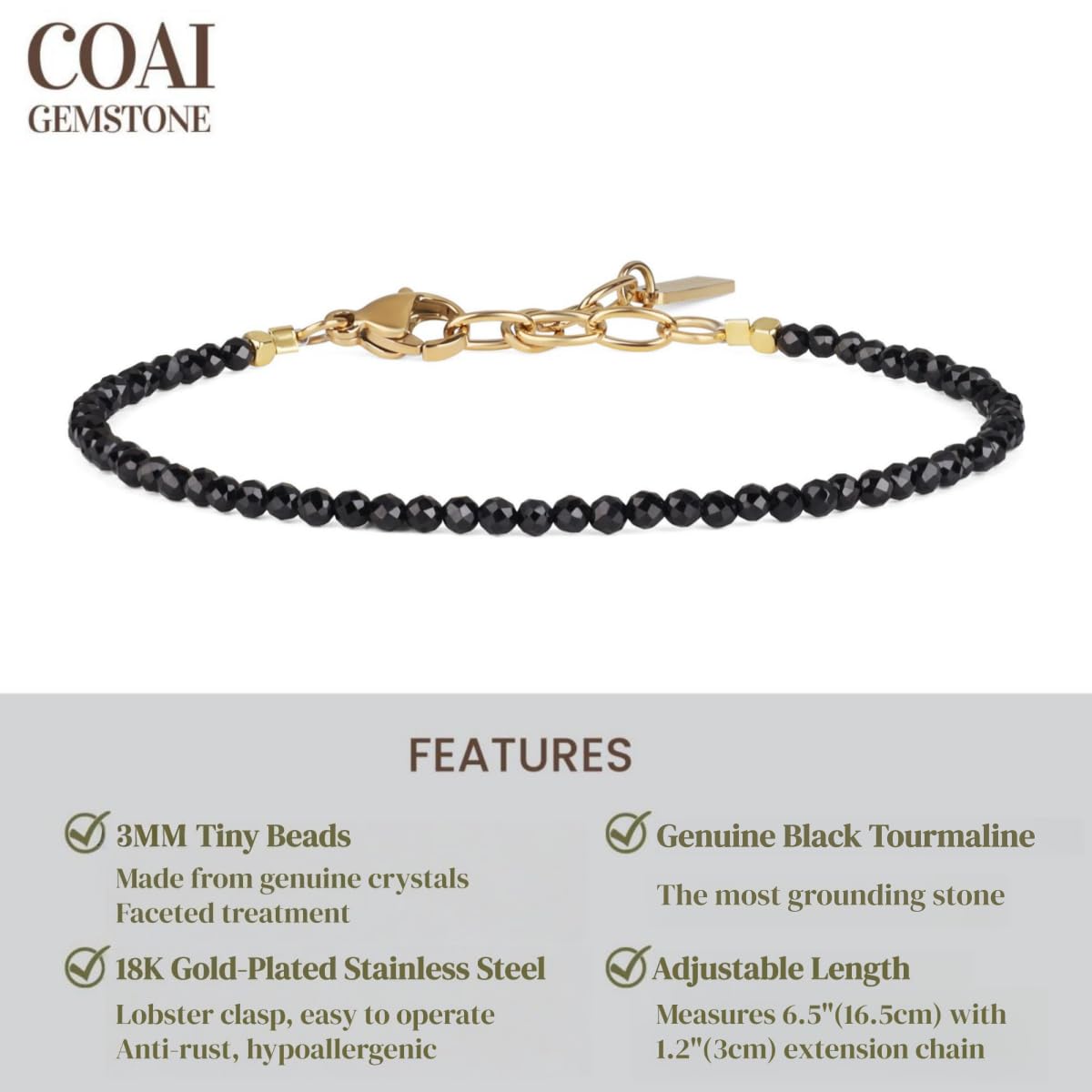 COAI Women's Crystal Bracelet, Black Tourmaline Bracelet for Women 3mm