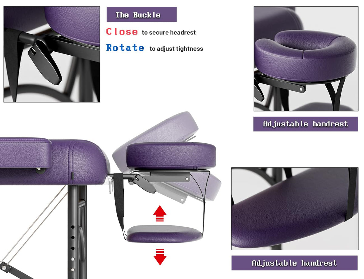 DOVANS Professional Massage Table Portable 2 Fold Premium Memory Foam Aluminium Leg Hold Up to 1100LBS 8 Heights Adjustable with Carrying Bag Violet