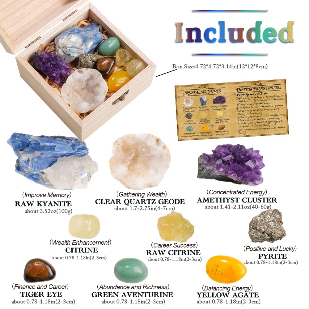 Runyangshi 9PCS Healing Crystals Set with Wooden Box -Amethyst Cluster/Clear Quartz Geode/Pyrite/Citrine/Aventurine/Yellow Agate/Tiger Eye Tumbled Stone for Prosperity & Wealth Meditation Energy Gift