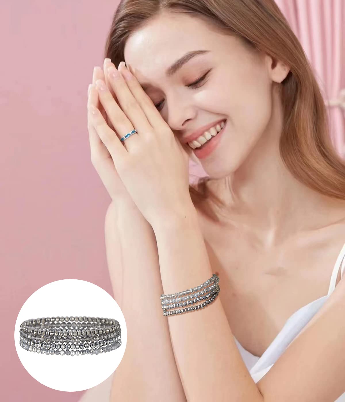 Noessla Beaded Boho Stretch Bracelet Colorful Stackable Crystal Beads Bracelets Trendy Costume Jewelry Mothers Day Gifts for Women(Silver)