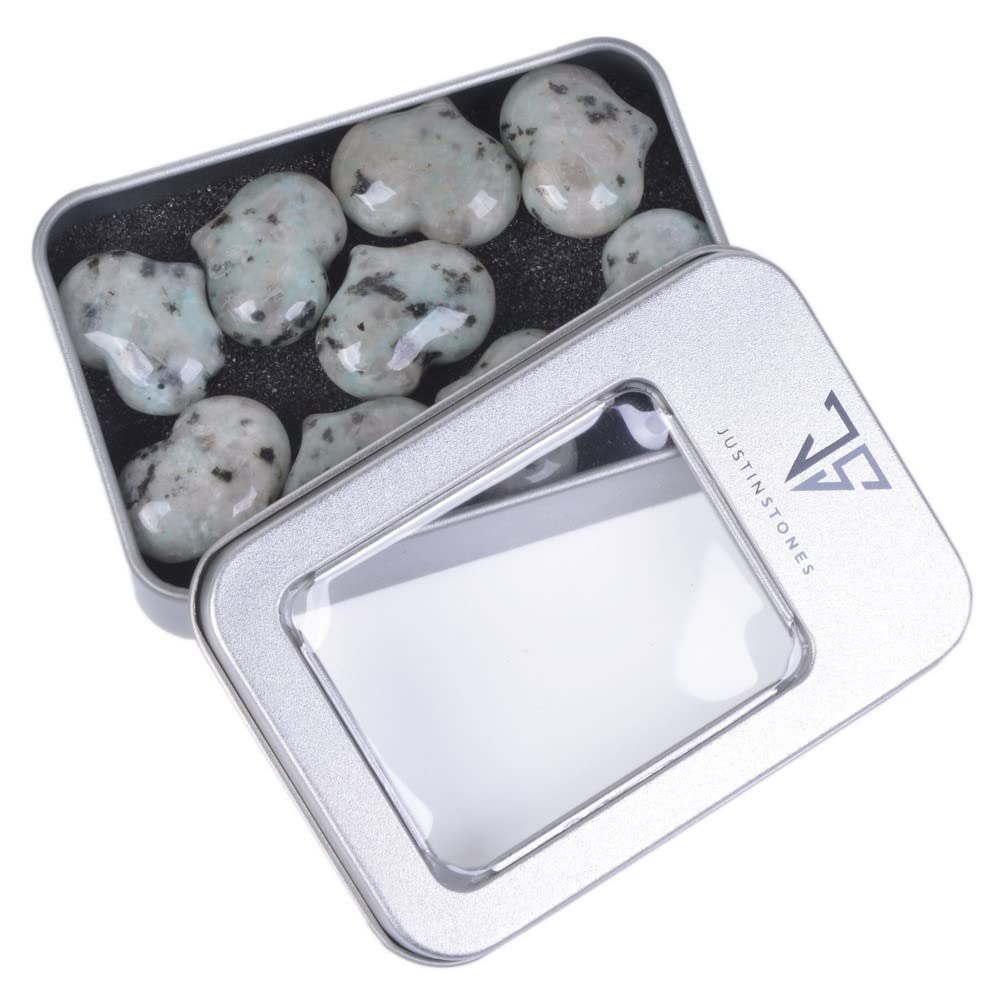 Natural Kiwi Jasper Gemstone Healing Crystal 1 inch Mini Puffy Heart Pocket Stone Iron Gift Box (Pack of 10)