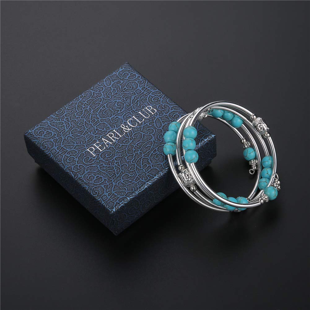 PEARL&CLUB Beaded Chakra Bangle Turquoise Bracelet - Fashion Jewelry Wrap Bracelet with Thick Silver Metal and Mala Beads, Birthday Gifts For Women(58-Turquoise)