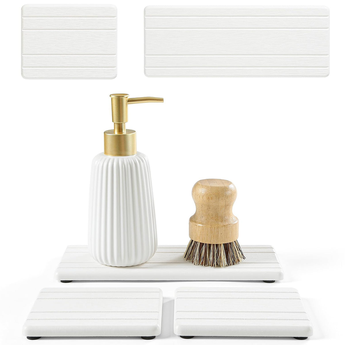 3 Pack Stone Drying Tray, Water Absorbing Stone Sink Mat for Kitchen & Bathroom Counter, Diatomite Soap Dish Vanity Caddy, Sponge Holder Organizer, White - 2pcs of 4.5"x 3.5" and 1pc of 9"x 3.5"