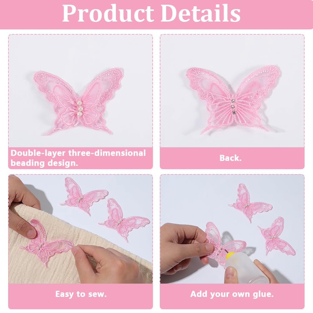 CABODYALS 1 Box 30PCS Light Pink Butterfly Lace Applique Butterflies Repair Patches Sew Embroidery Organza Faux Pearl Beaded Polyester Appliques for Sewing Making Clothes Wedding DIY Craft Supply