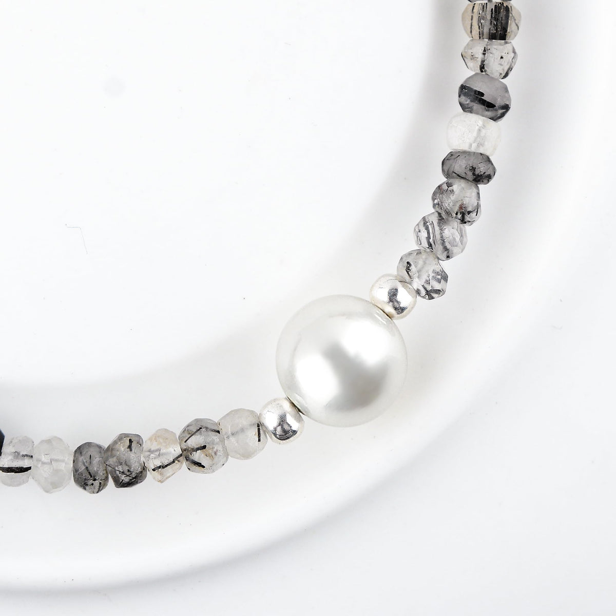 CRYSTALINES Natural Black Rutilated Quartz Gemstones Beads Bolo Bracelet with Pearl, High Grade, Handmade Bracelet, Healing Crystals, Silver Jewelry, Adjustable Chain, Gift for Women, 10inch