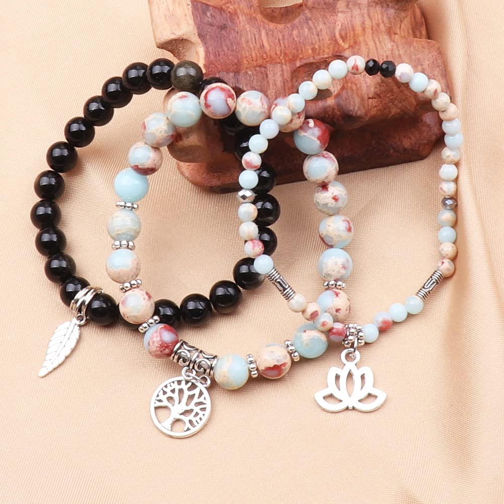 UEUC Tree of Life Yoga Healing Stone Bracelets, Multilayer Lotus Chakra Stone Reiki Bracelet Sets, Anxiety Crystal Natural Stone,for Women Stress Relief(#129)