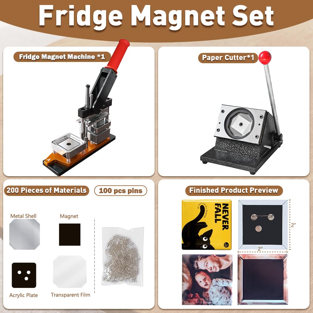 DIY Photo Fridge Magnet Maker Kit – Press Machine, Paper Cutter, 200 Supplies (Make Badge Pins, Fridge & Locker Magnets) for Home & Commercial Use (2x2 Inch)