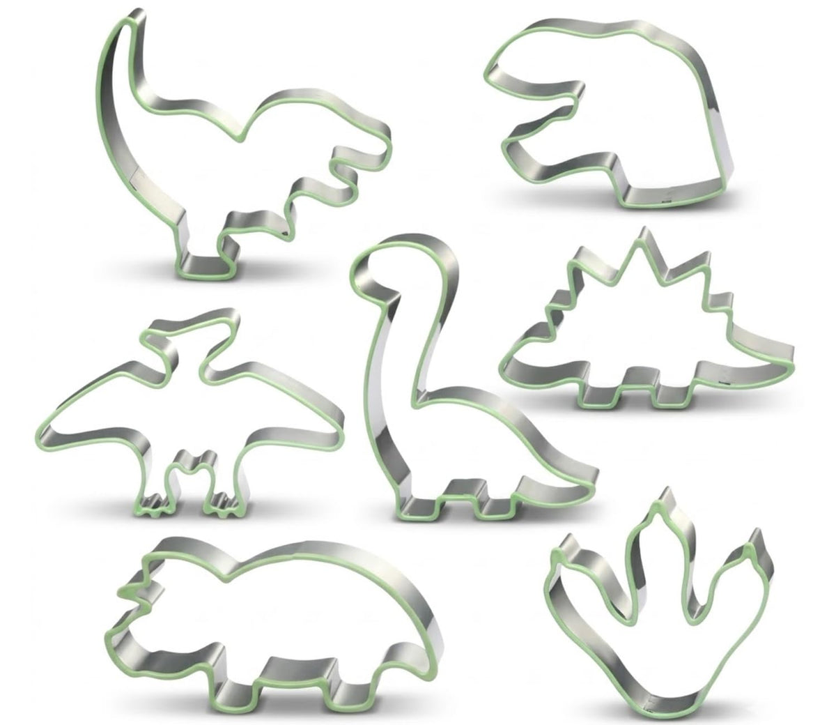 LUBTOSMN New 7 Piece Dinosaur Cookie Cutters Set with Silicone Protective Rim, Dishwasher Safe Stainless Steel Cookie Cutters for Cookies, Fondant, Sandwiches, Biscuits, Pancakes and Pastries