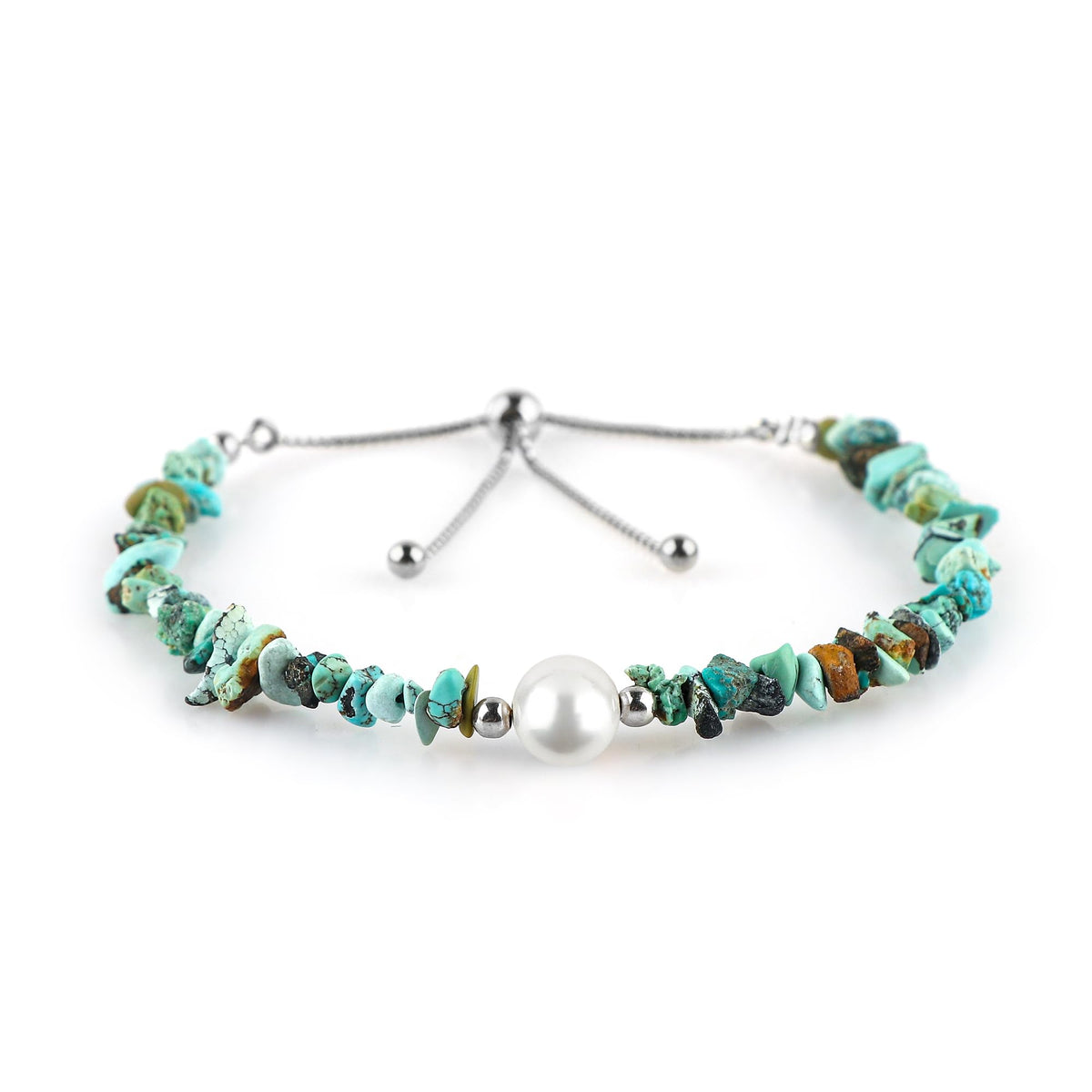 CRYSTALIS Natural Turquoise Beads Slider Bracelet with Elegant Pearl, High Grade Nuggets Crystal, Chakra Healing Gemstone, Gift Giving Women Jewelry, Silver Slider 10 inch