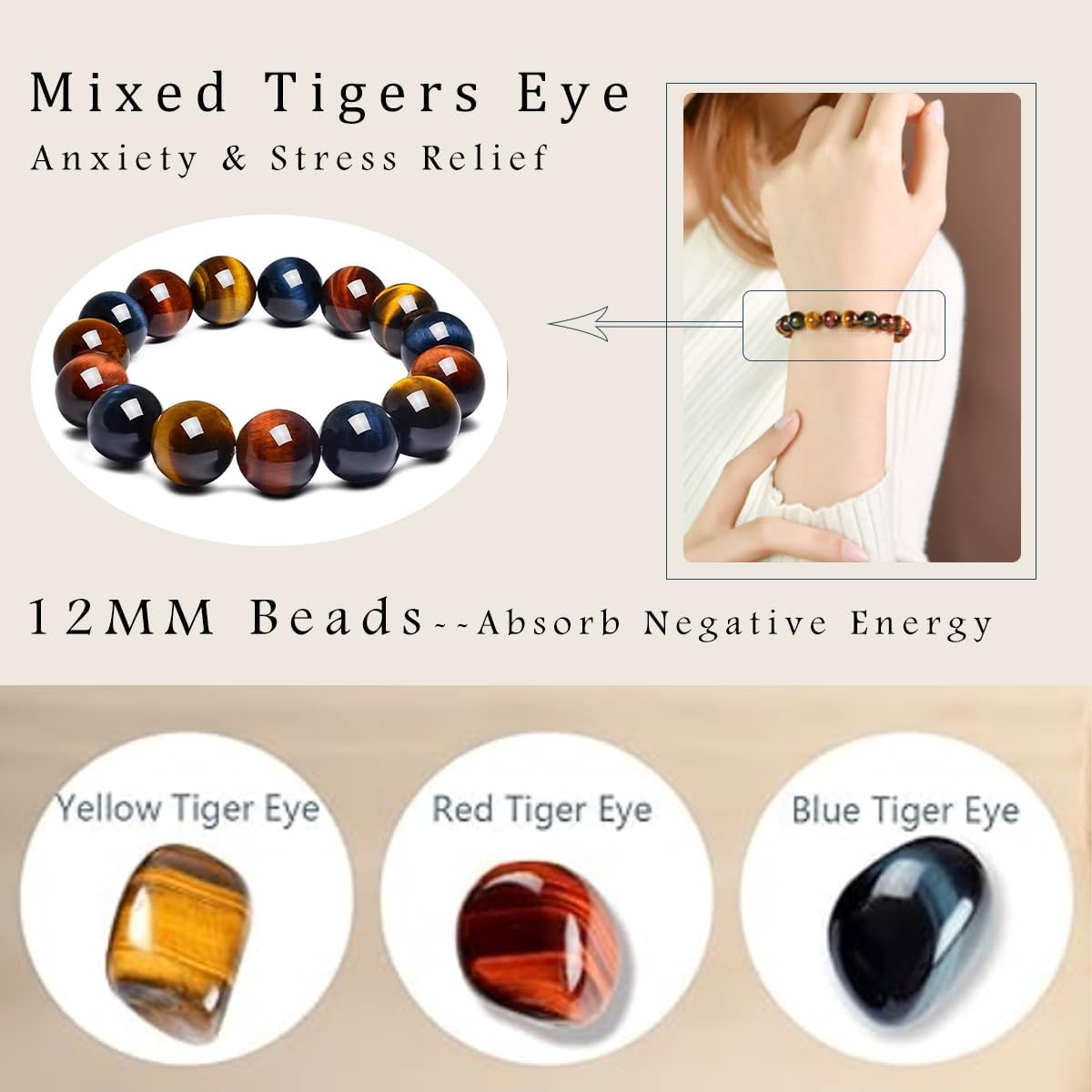 OwizJade 12MM Tiger Eye Bracelet for Women Men Beads | Mixed Red Gold Blue - Fits for About 8" Wrist | Triple Protection Tigers Eye Chakra Gemstones | Anxiety & Stress Relief | Absorb Negative Energy