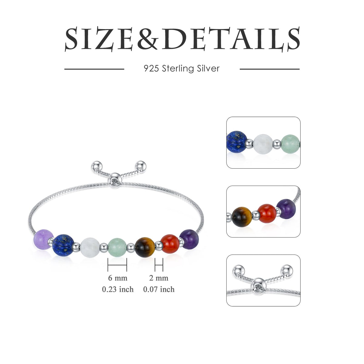 LWQQWL 7 Chakra Bracelet for Women 925 Sterling Silver Beads Chakra Bracelet 6mm Healing Stone Jewelry Gifts
