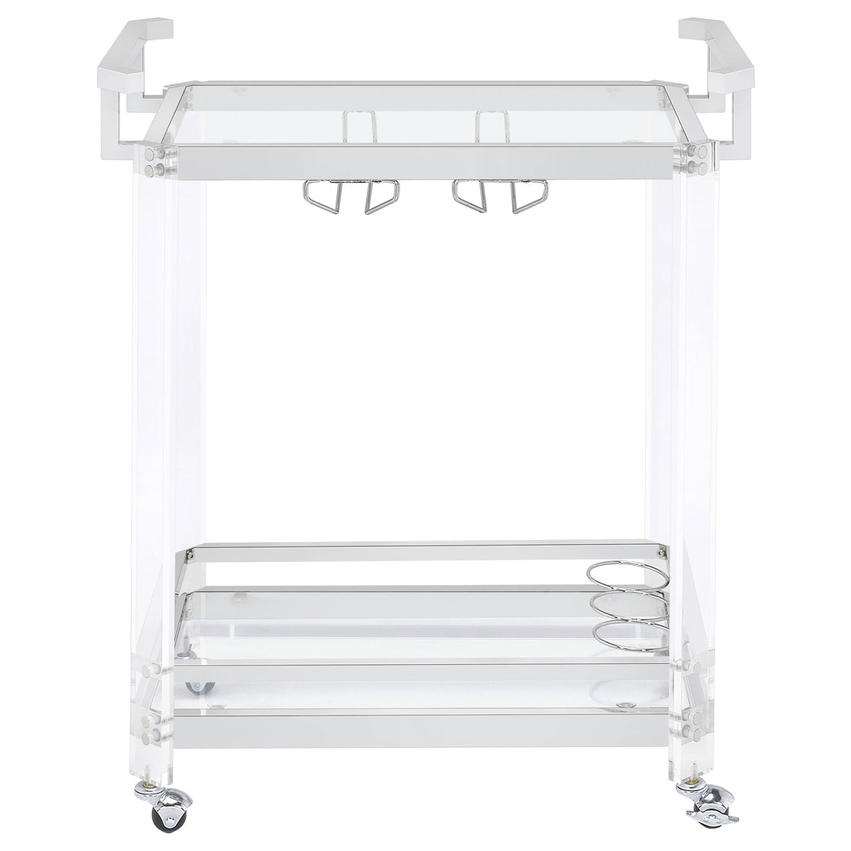 BOWERY HILL Bar Cart, Chrome Finish, Acrylic and Metal Frame with Glass Shelves, 35" H x 28.5" W x 17.25" D, Wine Bottle and Stemware Racks, Contemporary Style Serving Cart with Wheels