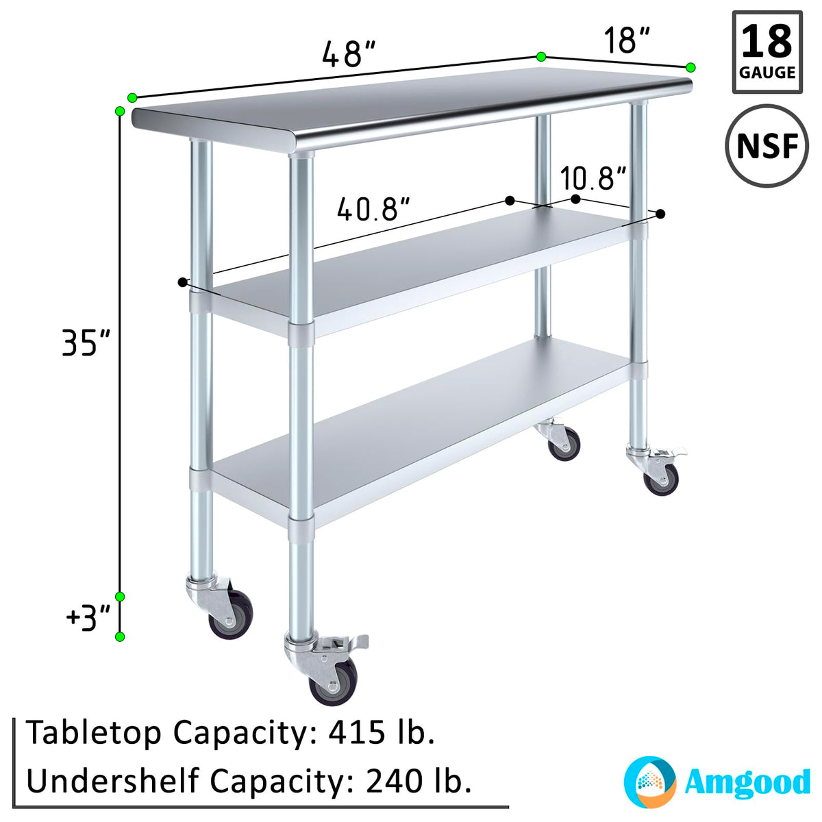 AmGood Stainless Steel Work Table with 2 Shelves and Casters | Metal Utility Table On Wheels (Stainless Steel Work Table with 2 Shelves + Casters, 48" Long x 18" Deep)