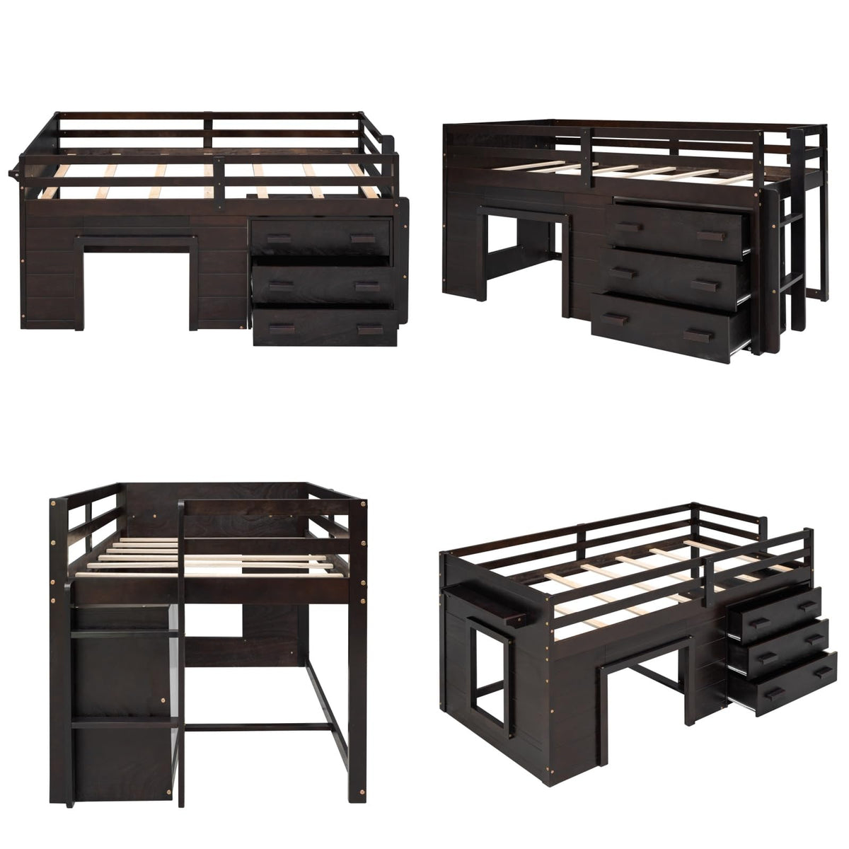 Merax Twin Wooden Loft Bed，Wood Bedframe for Kids Teens， Adults Bedroom with Cabinet, Shelf, Stairs, Espresso