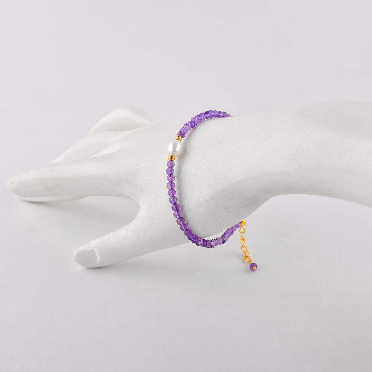 InfinityGemsArt Amethyst Bracelets For Women, February Birthstone Natural Purple Stone, Chakra Healing Crystal Freshwater Pearl Beaded Minimalist Lightweight Everyday Wear Jewelry, Gold Plated Chain 8 Inch