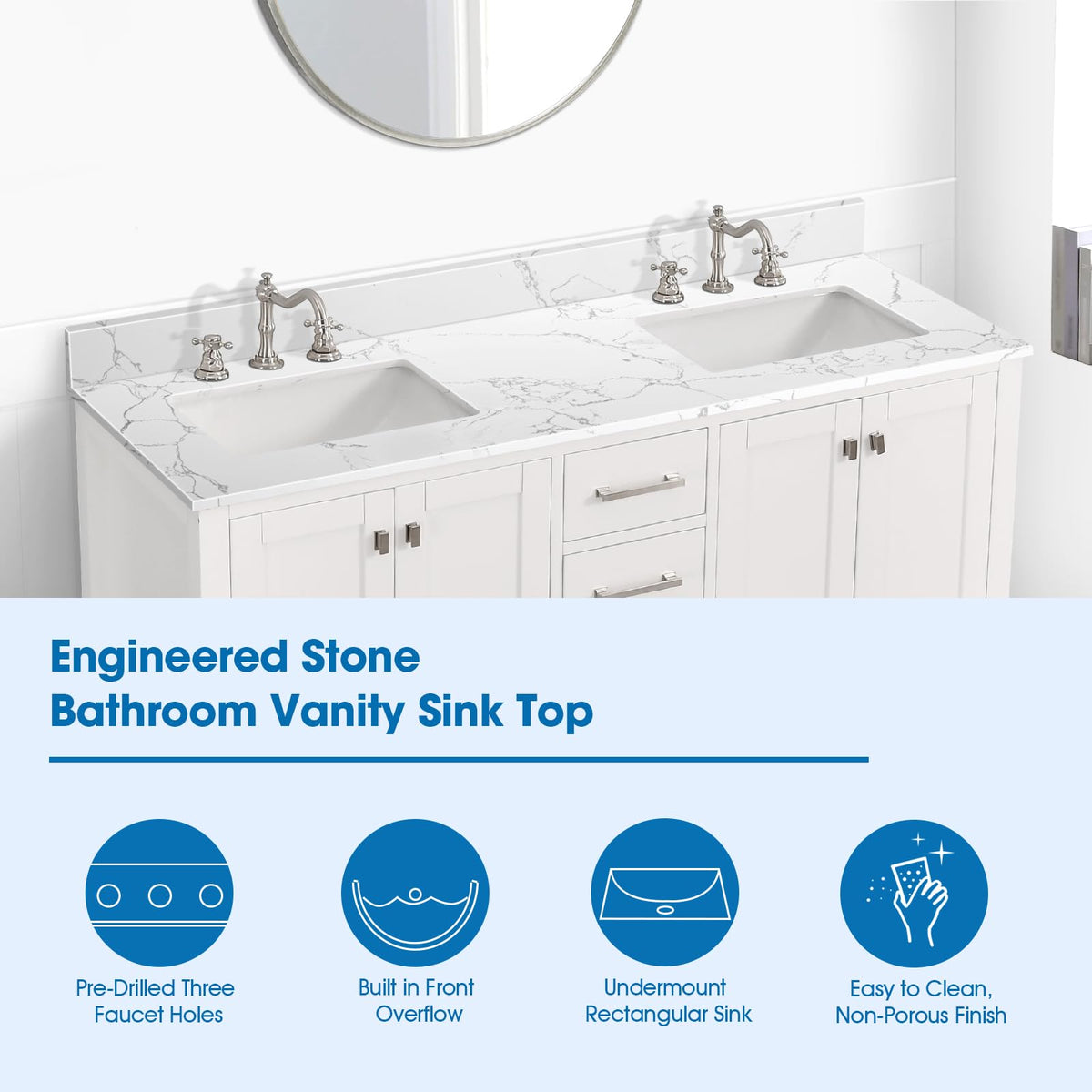 EQLOO 60 Inch Engineered Stone Bathroom Vanity Sink Top, with Undermount Rectangular Double Sinks, Vanity Countertop with 8 inch Faucet Hole Spacing and Backsplash in Lightning White