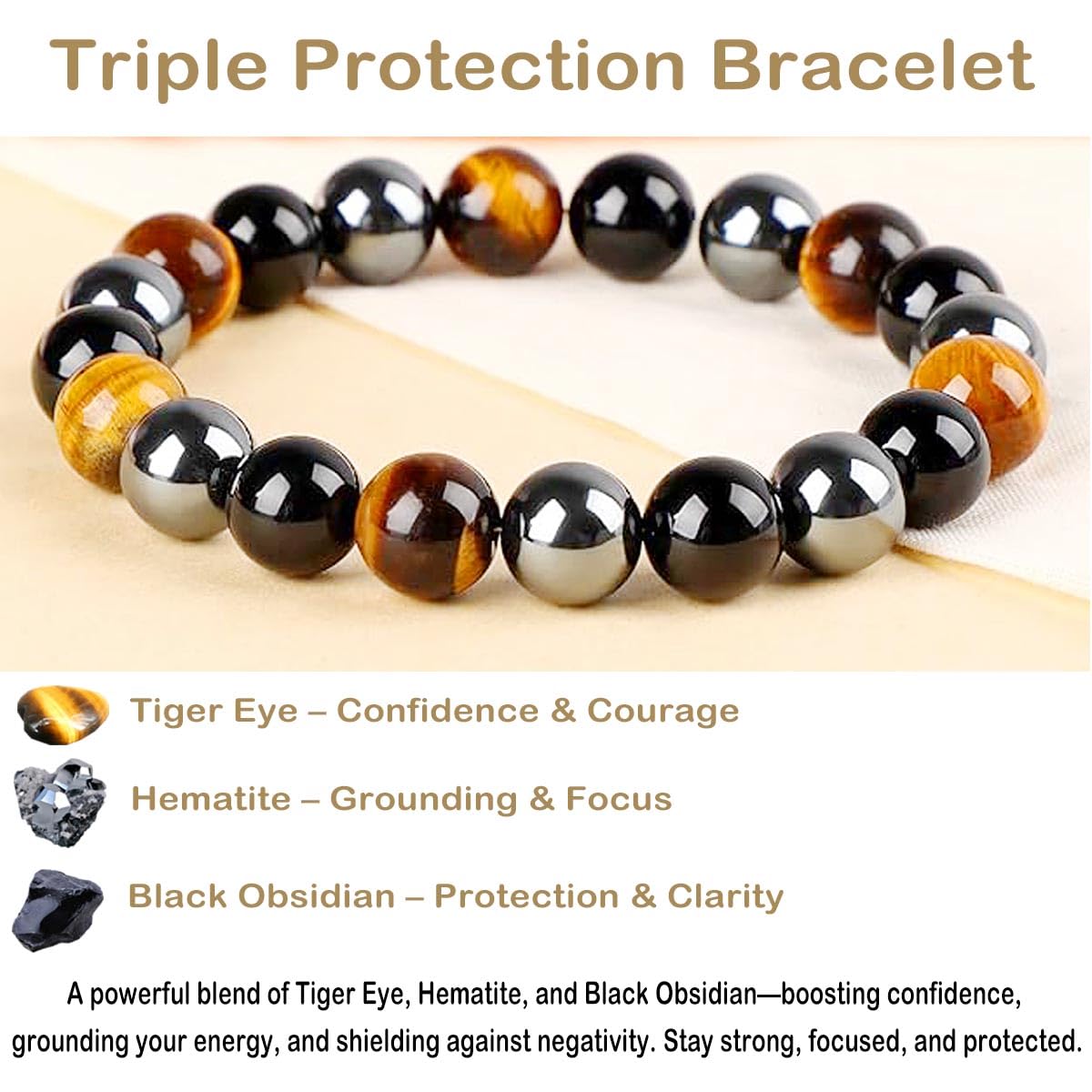 AD Beads Handmade Gemstone Stretch Elastic Bracelet Crystal Healing Reiki Nature's Beauty and Spiritual Essence Unisex (6mm, Triple Protection (Strong Protect))