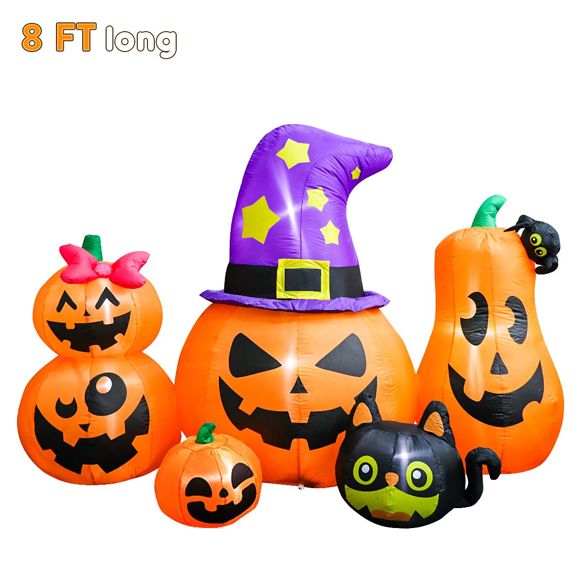 Meland 8FT Halloween Inflatable Pumpkins - Inflatable Halloween Pumpkin Lantern Family with Wizard Hat & Black Cat, Blow Up Outdoor Decor with Built-in LED Light for Yard Garden Lawn
