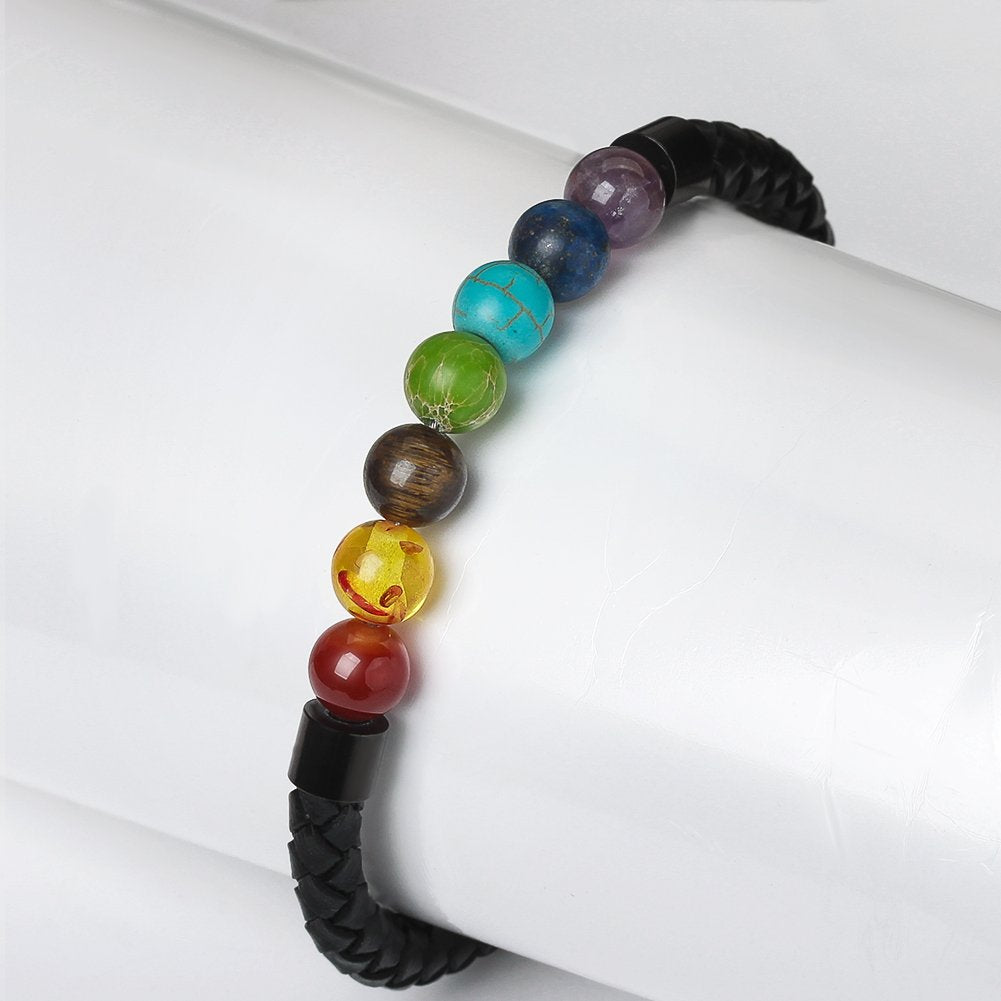 Ckysee 7 Chakra Real Stone Healing Bracelet Genuine Leather Braided with Magnetic Clasp Mens Best Gift Jewelry 8.5"