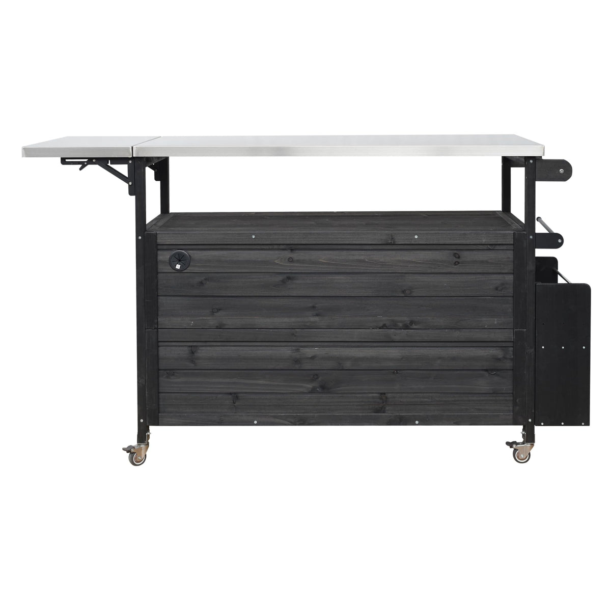 Outdoor Kitchen Island Cart with Foldable Stainless Steel Top, Rolling Grill Table with Adjustable Shelf Storage Spice Rack and Towel Holder, Wooden BBQ Prep Station with Lockable Wheels, Black