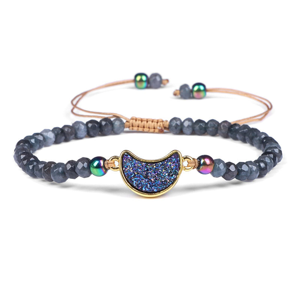 QLYOVWE Natural Healing Crystal Bracelet for Women Men Handmade Chakra Crystal Therapy Jewelry Iridescent Druzy Stone with Turquoise Amethyst Adjustable Surfer String Gift (Moon)