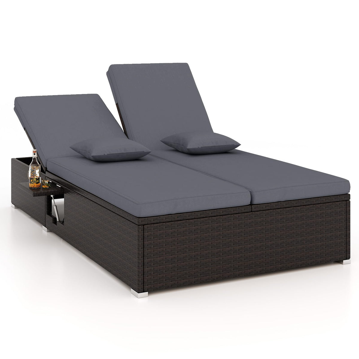 Tangkula Outdoor Rattan Daybed with 6-Level Adjustable Backrests, 2-Person Adjustable Wicker Recliner Bed with Cushions & Folding Side Trays, Double Sunbed Lounger for Balcony, Backyard & Poolside