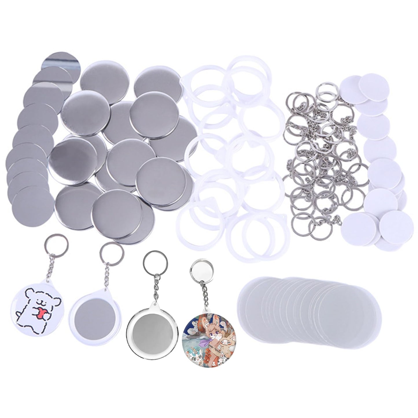 25 Sets Button Badge Maker Double-Sided Keychain, 2.28 Inch (58 mm) Tinplate Badge with Metal Cover, Mirror, Plastic Base and Keychain, Supplies for Button Making Machine