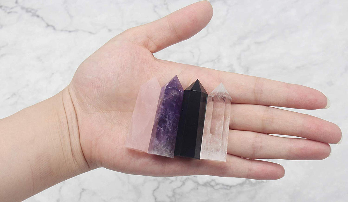 Luckeeper Healing Crystal Wands,2" Amethyst Crystal, Rose Quartz,Clear Quartz and Black Obsidian，6 Faceted Reiki Chakra Stones 4 pcs