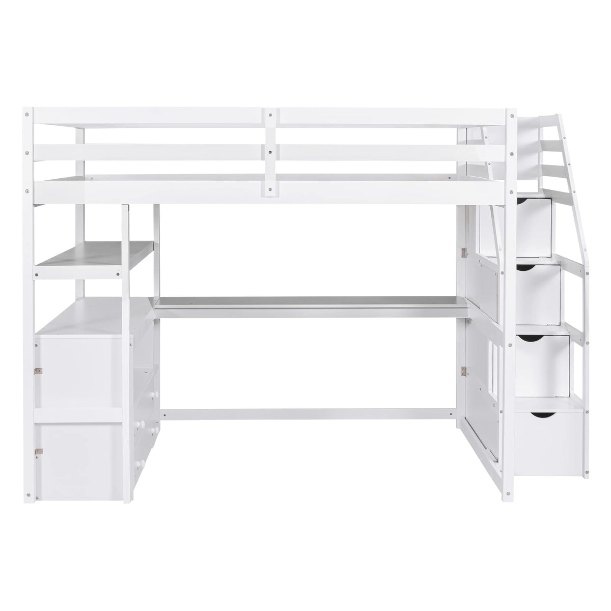 Merax Stairway Loft Bed with L Shape, Shelves, Two Tier Drawers and Storage, White Platform, Full Loft w/Desk and Staircase