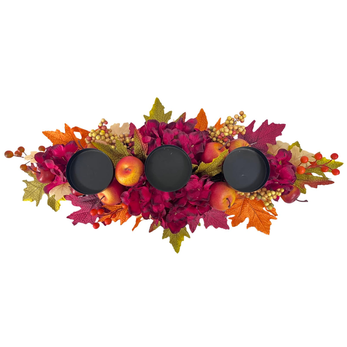 Svndlyn Thanksgiving Centerpiece with 3 Candle Holders,Fall Harvest Decor,Autumn Fall Maple Leaves Apple Berry Hydrangeas Candle Holder Floral Centerpiece for Thanksgiving Décor,Harvest Festival