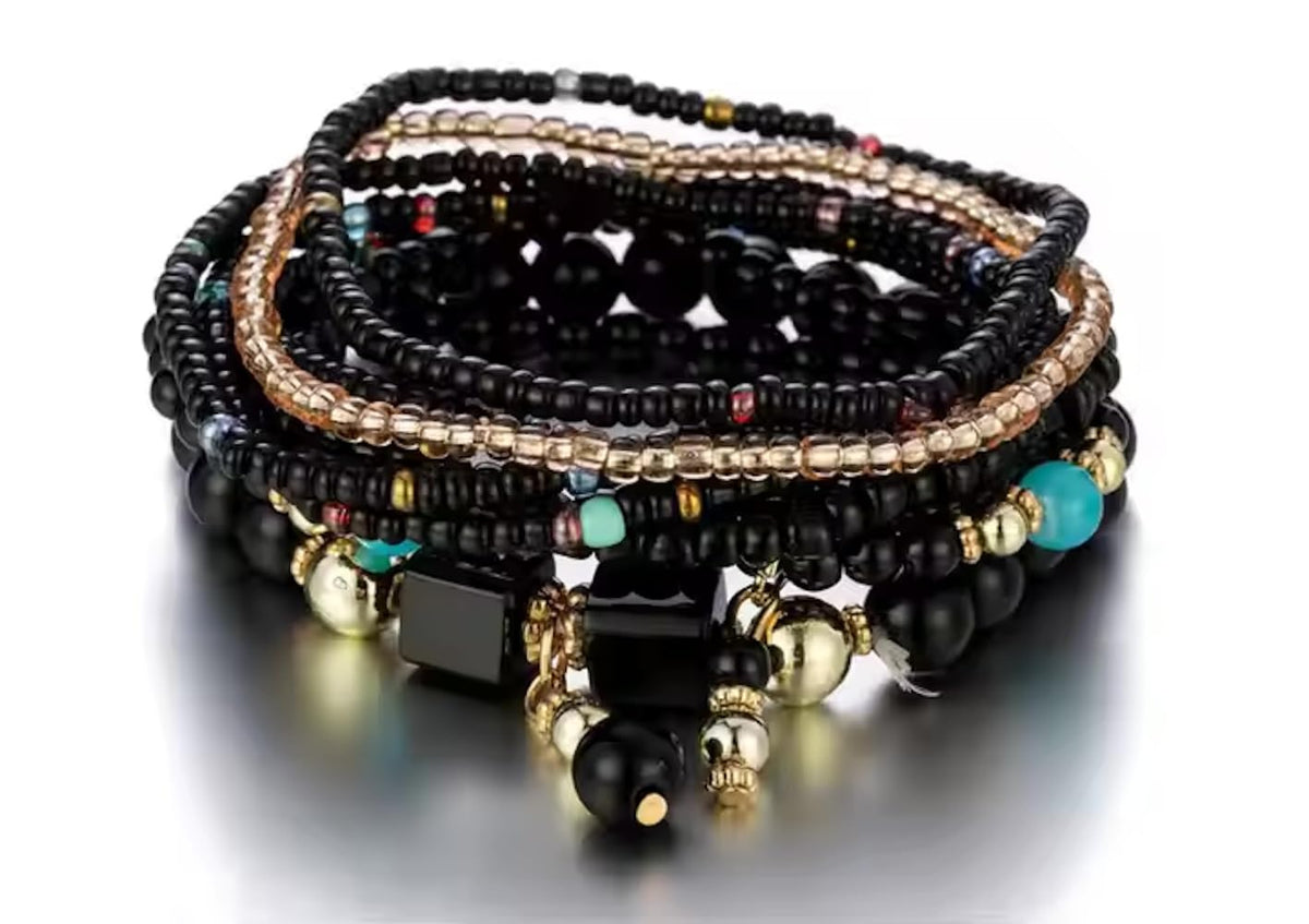 Boho Multilayer Stretch Beaded Bracelets for Women – Set of 6 Beaded Bracelet Colorful Rice Beads, Stackable Fashion Jewelry, Ideal for Festivals, Summer Parties, Beachwear, and Casual Outfits