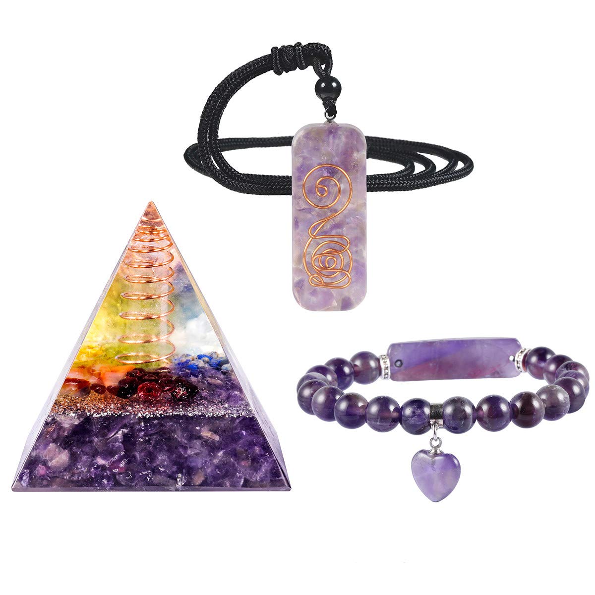 mookaitedecor Amethyst Crystal Healing Set of 3, Stone Orgone Pyramid & Stone Pendant & Bracelet Kits for Chakra Reiki Meditation Balancing