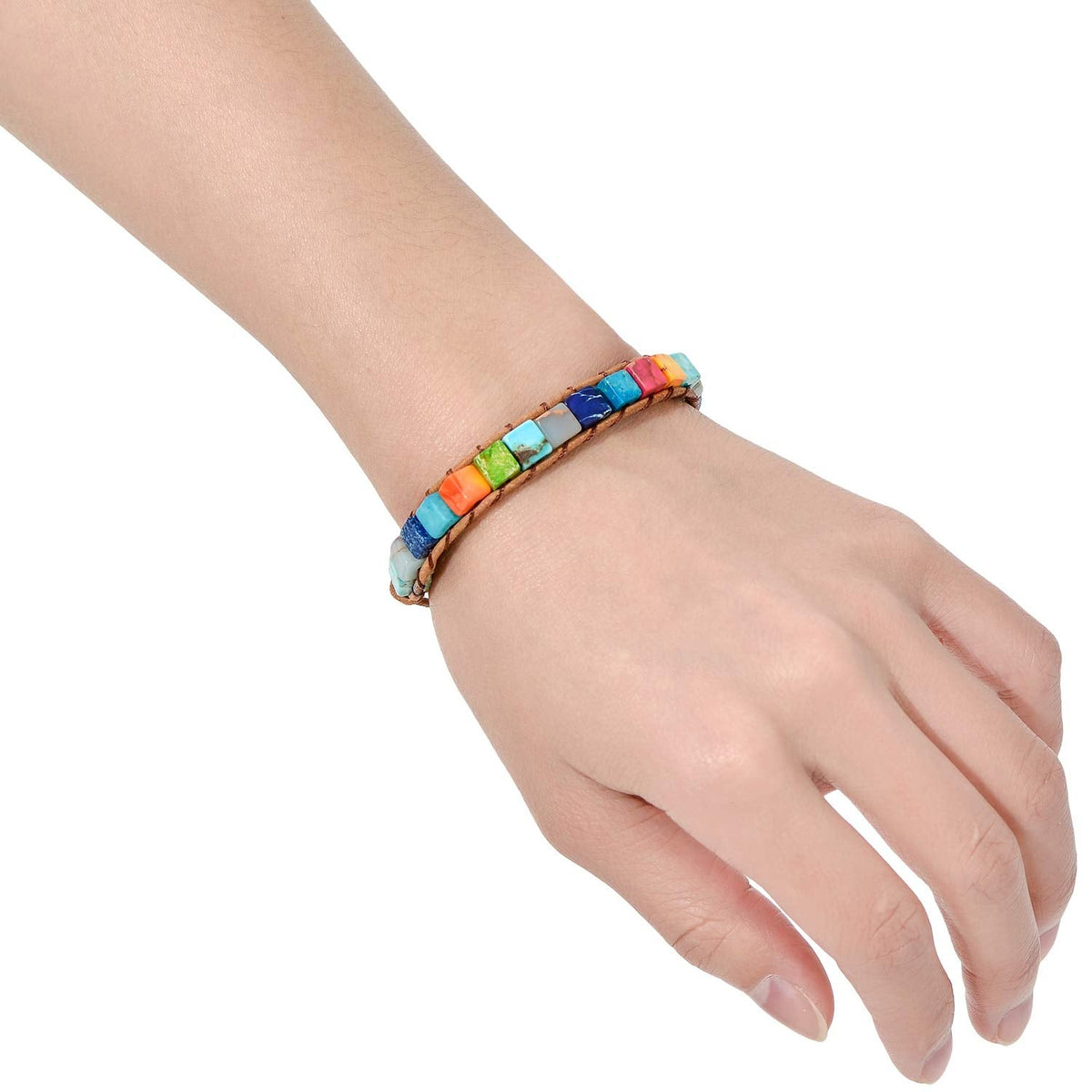sedmart 7 Chakra Bracelets for Women with Real Stones Leather Wrap Healing Bead Bracelet Women Men Boho Friendship Jewelry… (Flower Button & Square Stone)