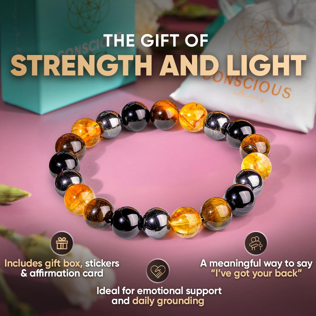 Conscious Items Quadruple Protection Bracelet, Black Obsidian, Hematite Stone, Tigers Eye & Citrine Bracelet, Grounding Crystal Stone Bracelets for Women & Men