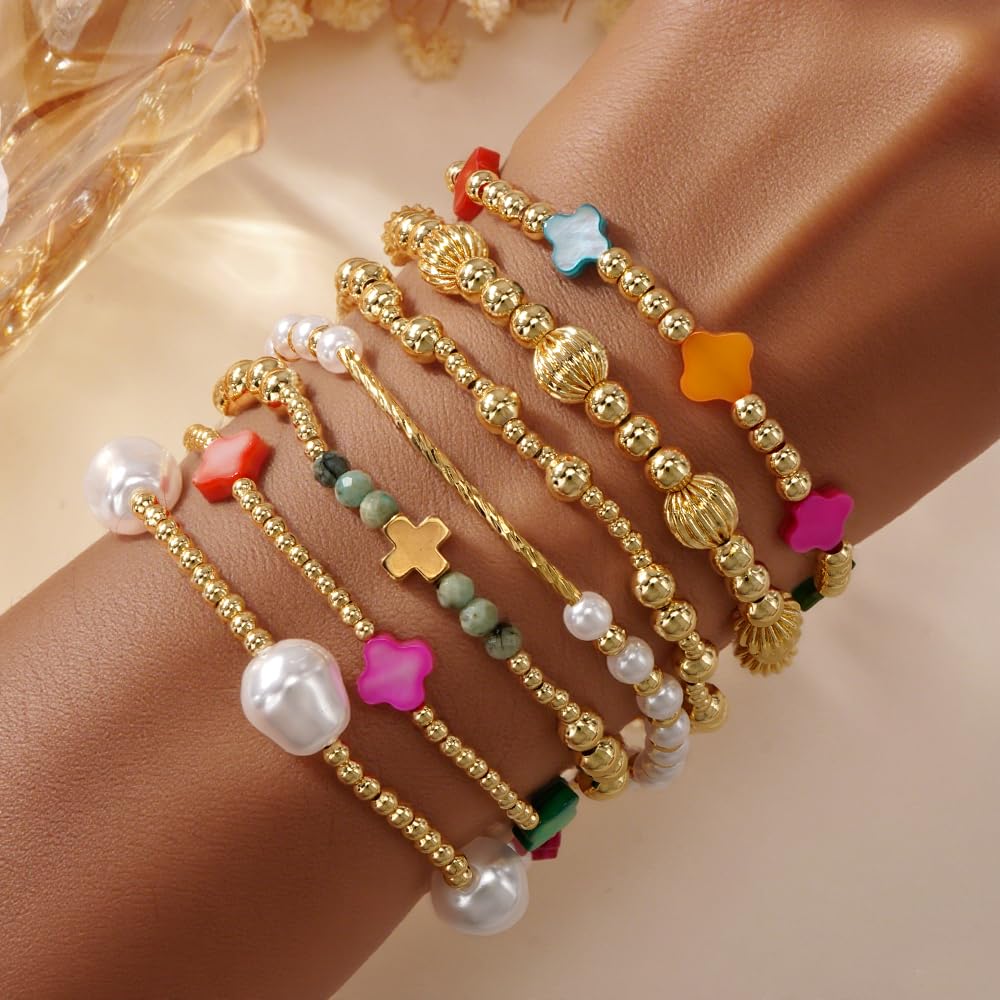 SHINUS BOHO 14K Gold Beaded Colorful Clover Bracelets Stack for Women,7PCS Bohemian Cross Pearl Beads Stackable Stretch Bracelet Set Fashion Birthday Prom Jewelry Accessories Gift Friendship Sister