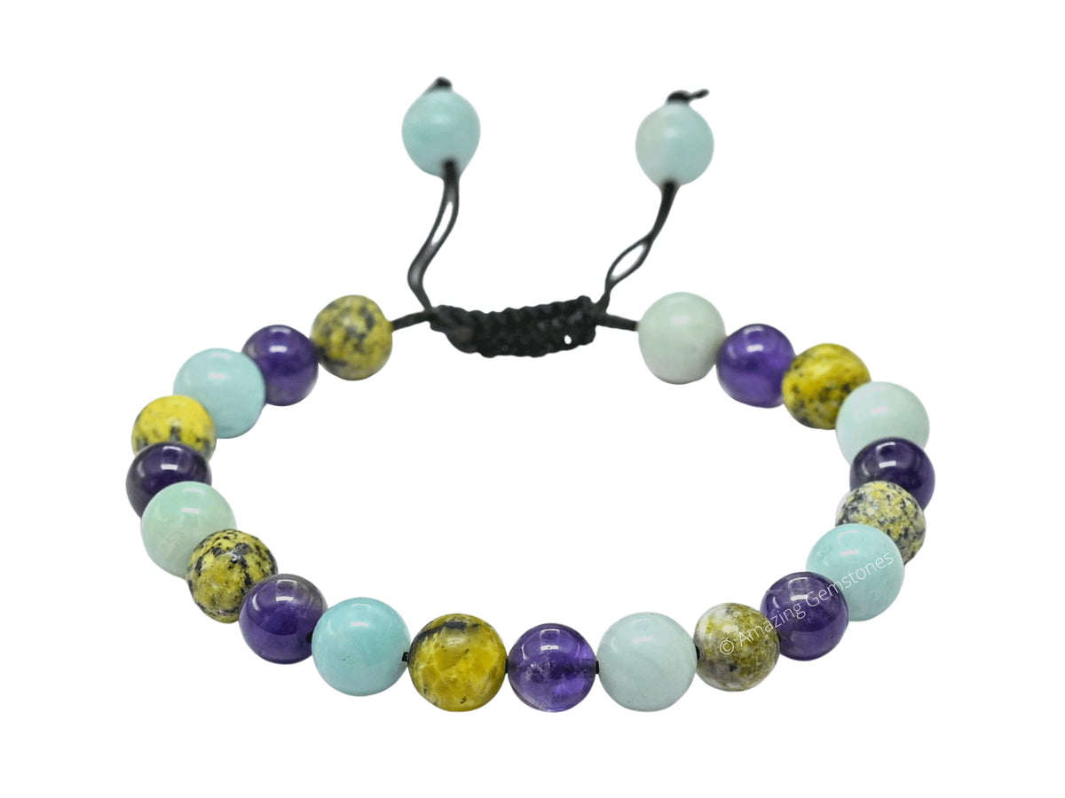 Amazing Gemstone Bracelet for Headaches and Migraines - Amazonite Serpentine Amethyst Bracelet Set for Men Women Healing Calming Anxiety Stress Relief Gifts Pulseras Para Hombres Mujer (Adjustable)