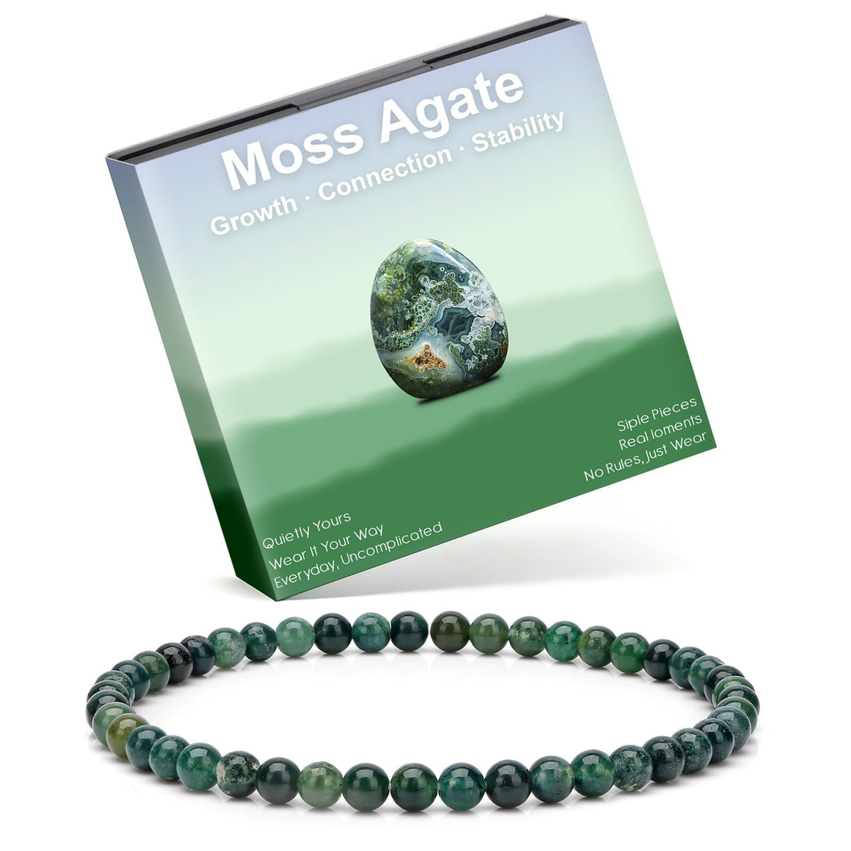 Risyfjew 4MM Handmade Moss Agate Natural Gemstone Stretch Elastic Bracelet,PE Film Anti-oxidation Packaging Natural Stone Crystal Healing Power Energy Gifts for Adult