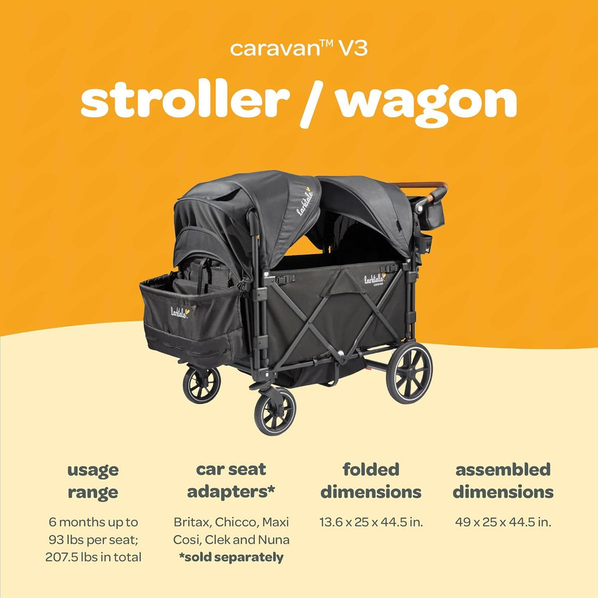 Larktale Caravan V3 Stroller, 2-Seater Kids Wagon, 207 lb Capacity, Byron Black