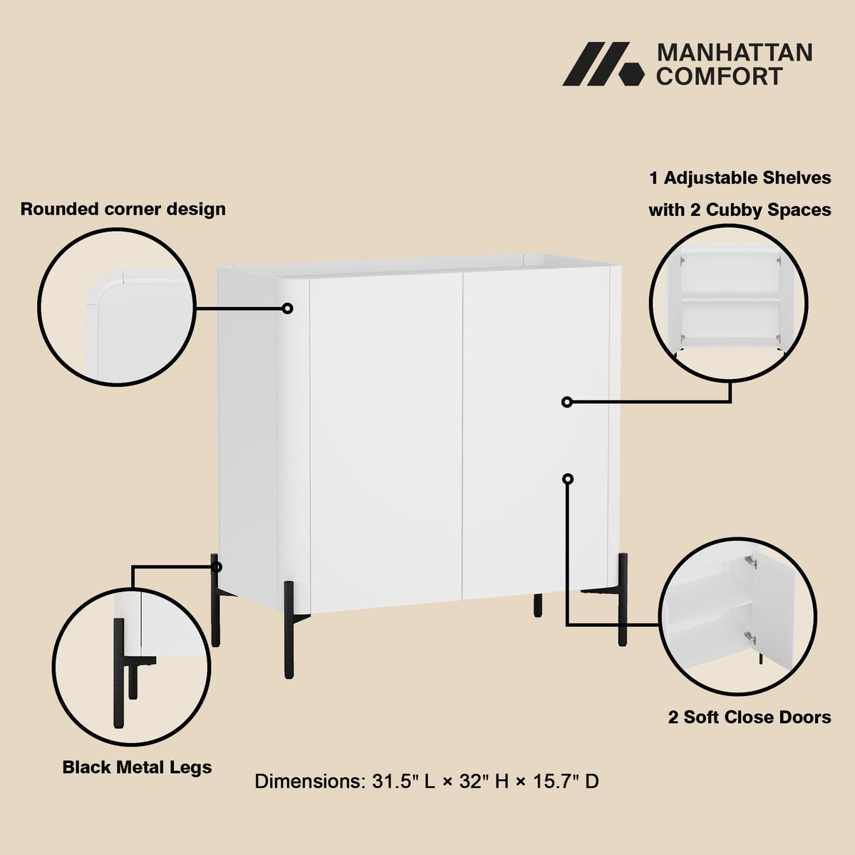 Manhattan Comfort Abbey Accent Cabinet with Doors, Tray Top Design and Adjustable Shelves, Sleek Modern Storage Furniture for Dining Area, Living Room Entryway, White