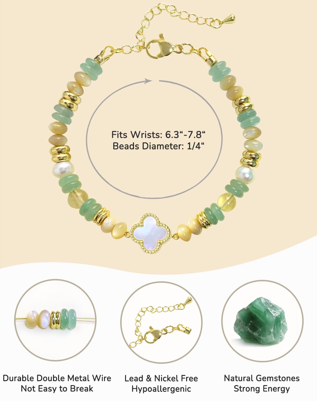 YEETONDA Four Leaf Clover & Heart Natural Gemstone Rainbow Bracelets Jewelry 16th 21st 30th 40th 50th 60th 70th 80th Birthday Gifts For Women Mom Sister Friend Daughter Niece(Green Aventurine)