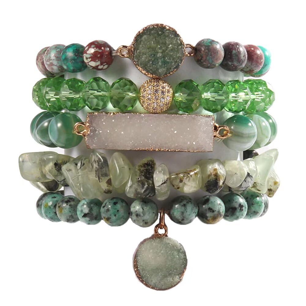 Yomisa 5PCS Natural Boho Beaded Bracelets for Women Men,Healing Turquoise Jasper Agate Crystal Gemstone Stone Diamond Chakra Multilayer Wrap Bohemian Handmade Jewelry Beads Stretch Bracelet Set
