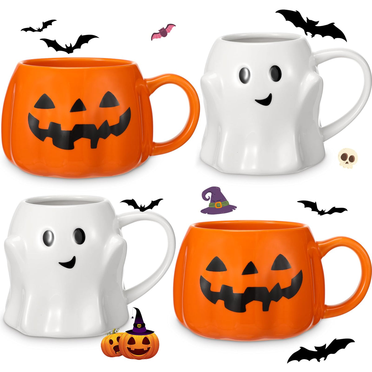 Didaey 4 Pcs 14oz Halloween Pumpkin Mug Ghost Coffee Mug Cute Pumpkin Coffee Cup Halloween Ceramic Cups for Home Decorations
