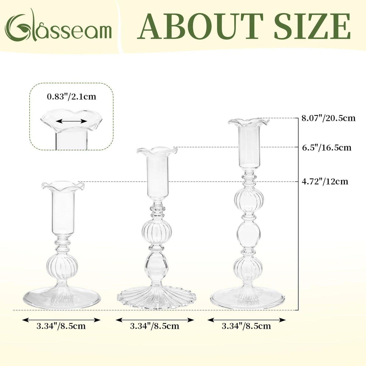 Glasseam Glass Tapered Candlestick Holders: Set of 3 Clear Candle Sticks Holder Decor with Bobeche Modern Ribbed Taper Candle Holders for Table Centerpiece Christmas Wedding Home Decorations