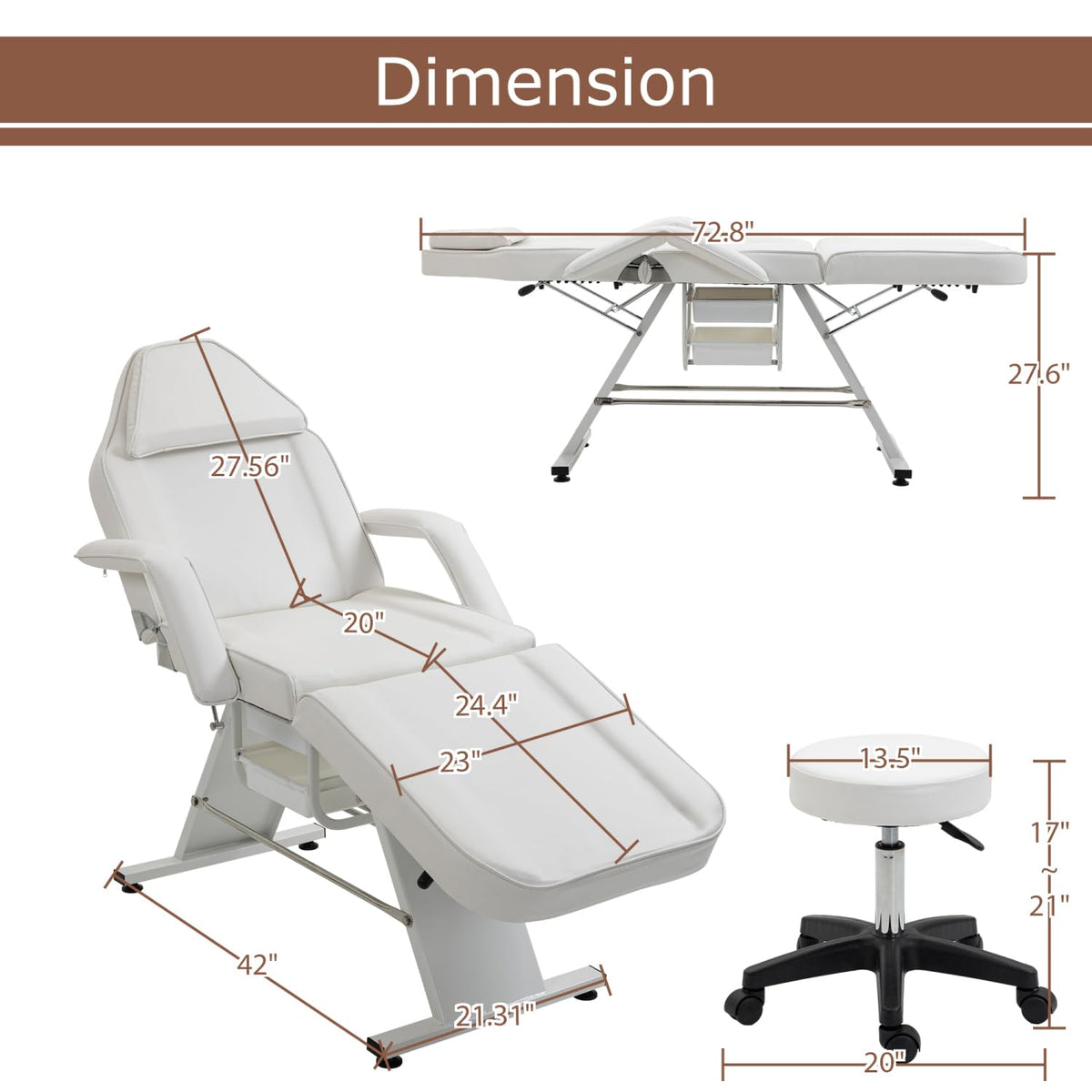 Geelife Massage Salon Tattoo Chair with Two Trays Esthetician Bed with Hydraulic Stool,Multi-Purpose 3-Section Facial Bed Table, Adjustable Beauty Barber Spa Beauty Equipment, White - Metal White -