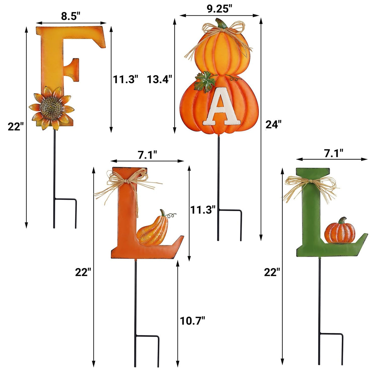 Juegoal 4 Pcs Fall Decorative Garden Stakes, 24 Inch Letter Metal Yard Sign with Pumpkins, Outdoor Art Stake for Thanksgiving Decorations Autumn Harvest Patio Lawn Walkway, Style A